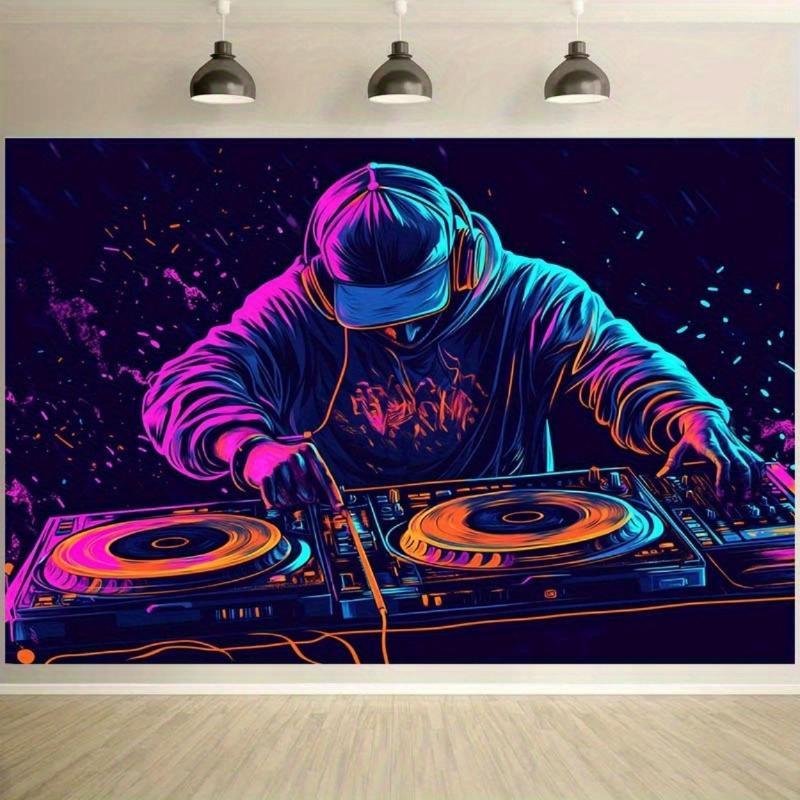 Large Synthetic Neon Mix Glow-in-the-Dark Polyester DJ Tapestry Backdrop - Non-Electric Luminous Mixing Console Design, Easy Setup Home Inspo Room Art for Parties, Photo Shoots (Purple, Blue, Pink, Orange, Black, Teal)