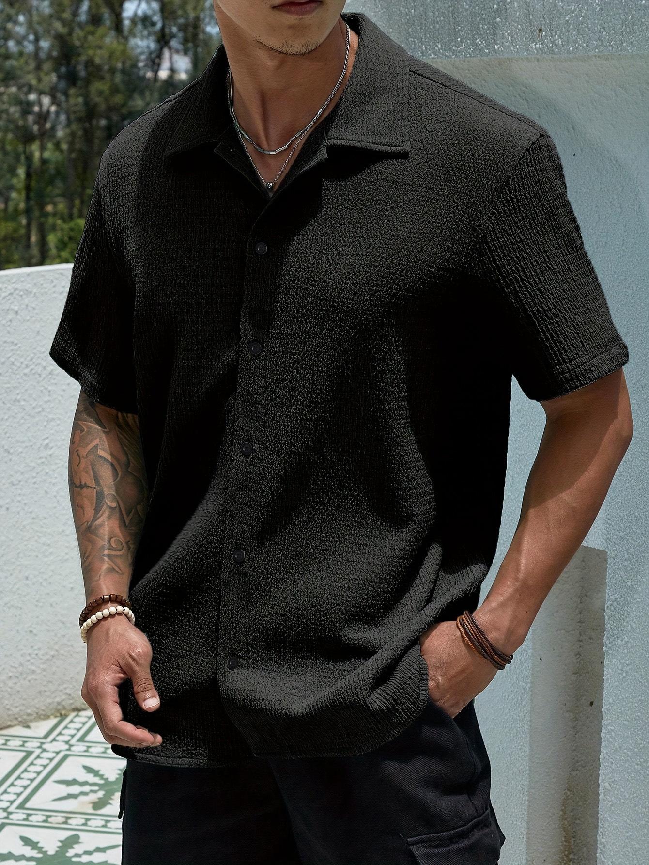 Men's Textured Button Front Shirt, Casual Regular Fit Short Sleeve Collared Top for Summer, Summer Leisure Top 2026, National Day Clothing, Men's Clothes for Daily Wear