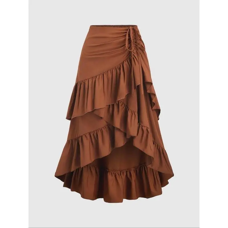 Women's Solid Color Ruffled High Low Hem Boho Casual Skirt, Fashion Ladies Bottoms for Daily Holiday Vacation Wear Fit All Seasons