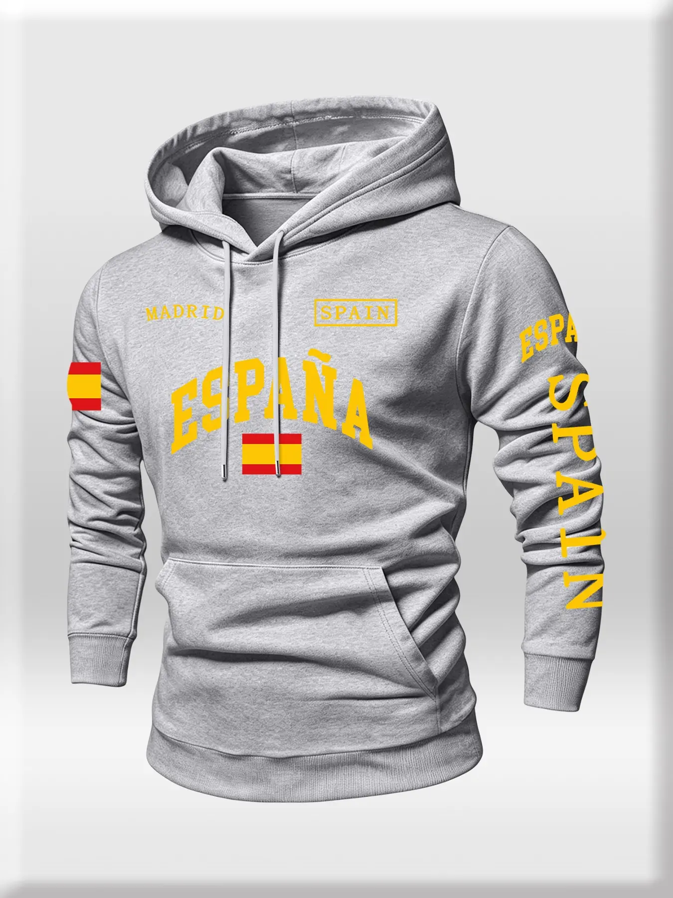 Men's Spanish Theme Hoodie, Madrid Flag Letter Print Long Sleeve Sweatshirt, Casual Loose-Fit Fall & Winter Top, Unisex Sportswear