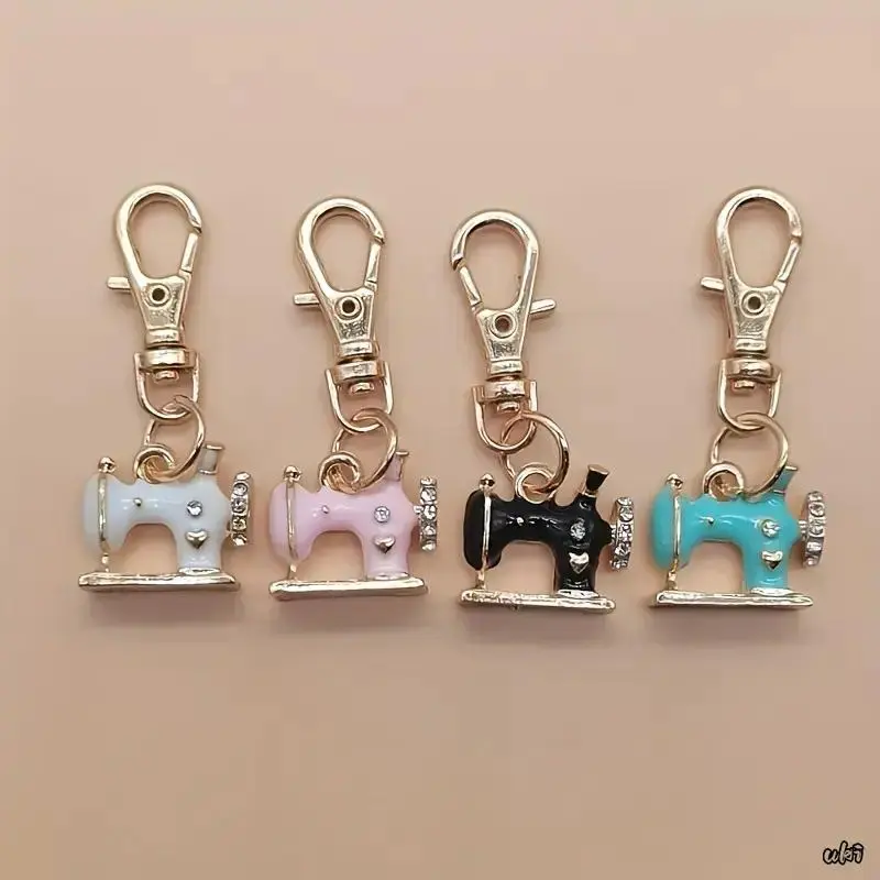 4-Pack Vintage Sewing Machine Keychains, Alloy Metal with Sparkling Rhinestones and Lobster Clasp, Multi-Color Set for Crafts Gifts, Machine Shape, Diy Bag Accessory, Sparkle Stones