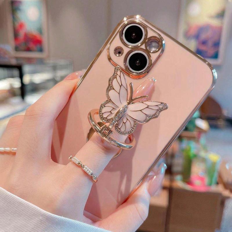 Butterfly Design Aesthetic Phone Case with Ring Holder, 1 Set Fashion Phone Protective Case, Phone Accessories Compatible with iPhone 11 12 13 14 15 16 Series