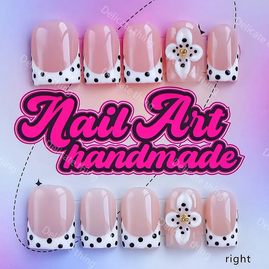 Square Short 10pcs Y2K Press-On Nails. Minimalist fresh style, handmade wearable nails. 4 sizes (XS/S/M/L). Features black polka dots, carved flowers & white French design. Perfect for family dinners, dates & parties — best gift for her!