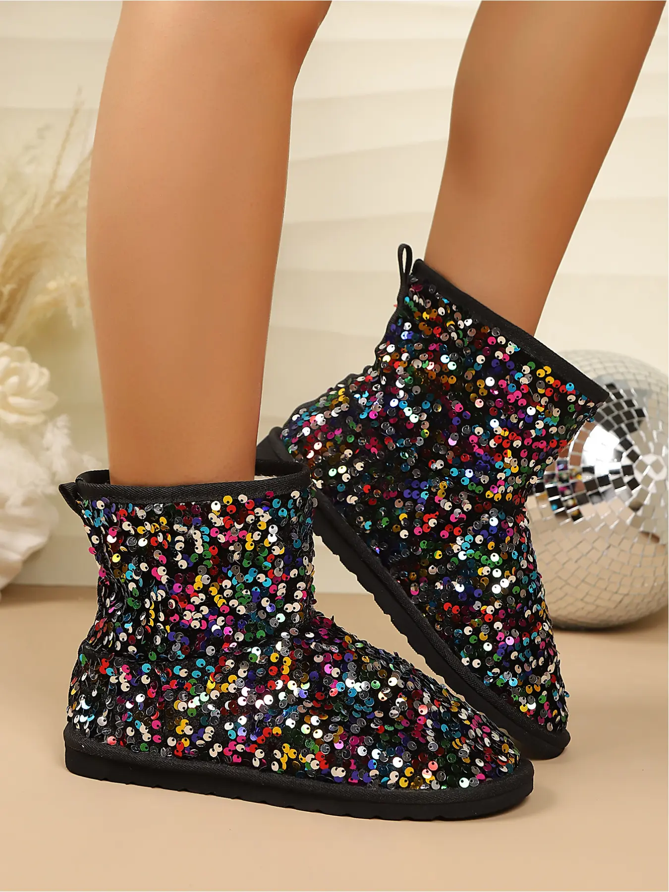 Iridescent Rainbow Sequin Warm Ankle Boots Loose Shaft Slip Resistant Winter Outdoor Booties