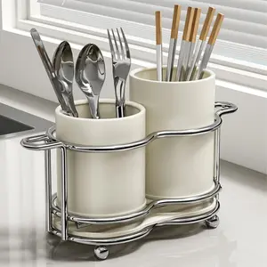 Silver Color Cutlery Organizer Rack, Metal Stand Included, Two-Tier Kitchen Counter Storage Box, Durable Stainless Steel Design