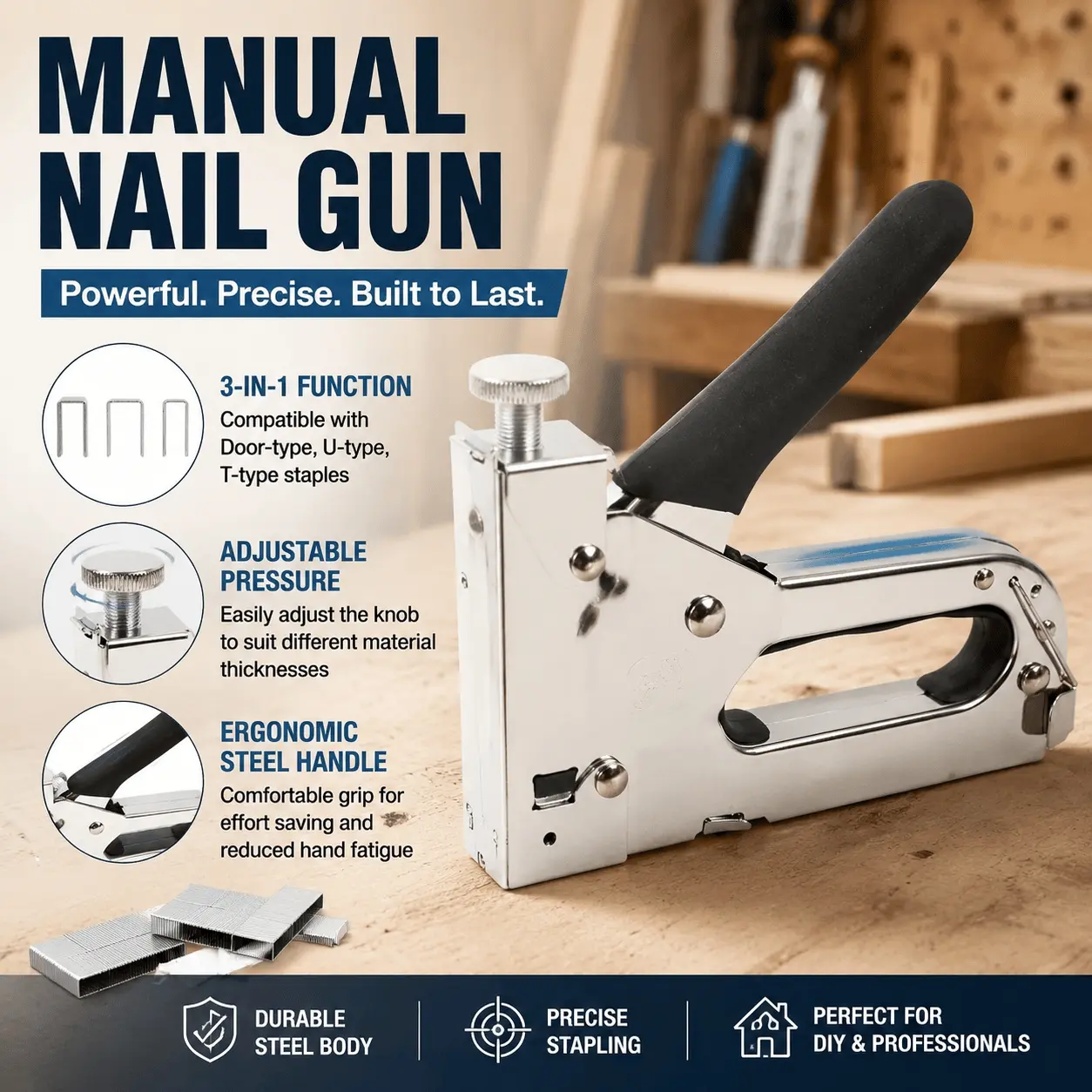 3-in-1 Pneumatic Hardware Nail Gun: Cordless Stapler for U-Shaped, Brad, and Straight Nails. Heavy-Duty Alloy Pin, Multi-Position Magazine for Wood, Leather, Upholstery, and Drywall Applications.