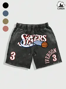 Vintage '76ers Iverson 3' Graphic Cotton Shorts, Fitted Waistband Drawstring, Washed Effect, Streetwear Basketball Style