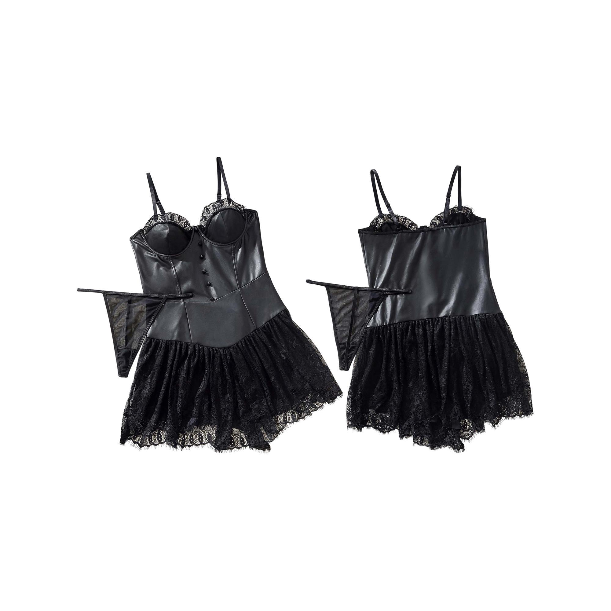 Women Lingerie Babydoll Underwear PU Leather Lace Patchwork Slip Dress Bustier Corset Nightgown Nightie with Thong