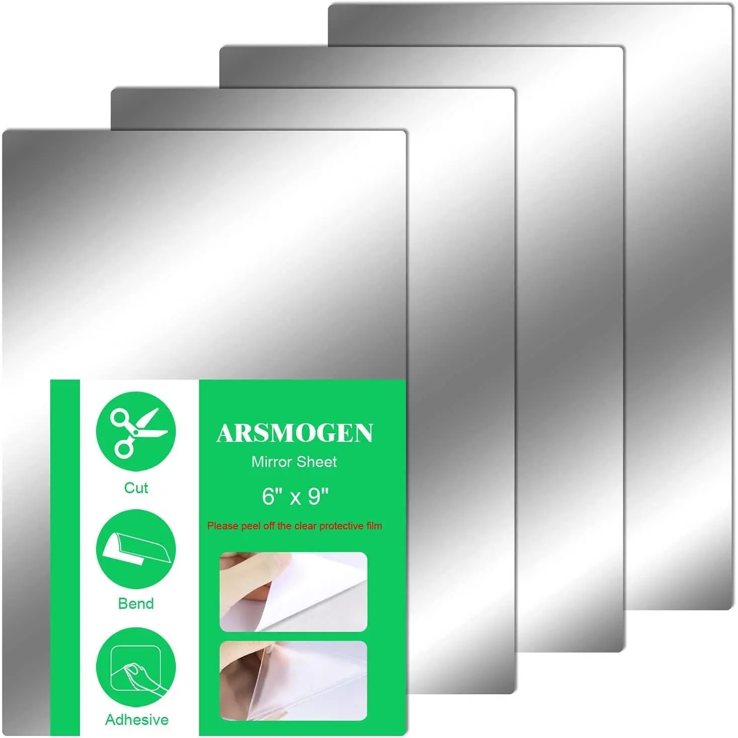 4 Pieces Flexible Cut to Size Mirror Sheet 6" x 9", Self Adhesive Non Glass Mirror Stickers PETG Plastic MirrorGift