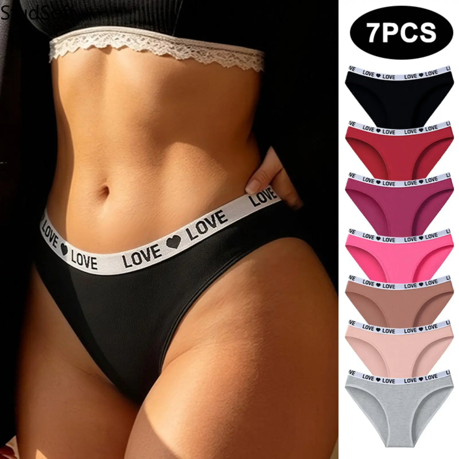 7-Pack Ribbed Panties Women Love Heart Elastic Waistband Underwear Soft Breathable Cheeky Bikini Hipster High Cut Briefs Set Multi Color
