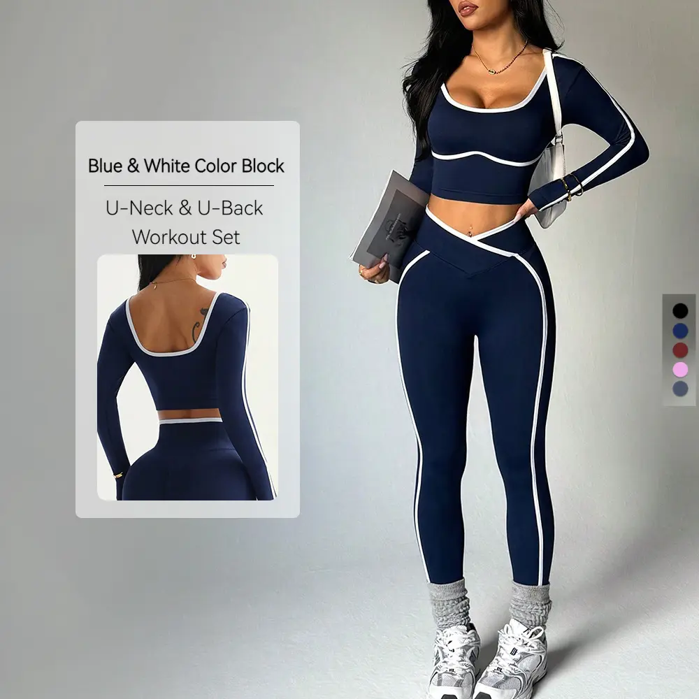 Women's 2-Piece Color Block Sports Set, U-Neck Open Back Long Sleeve Crop Top & High Waist Scrunch Butt Lifting Leggings, Seamless Stretchy Outfit for Fall Gym Yoga Training