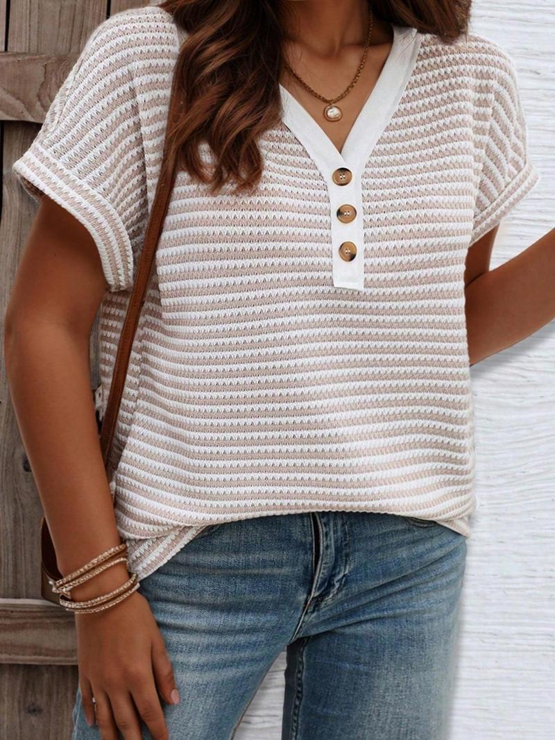 【Plus Size】 Striped Print V Neck Tee, Casual Short Sleeve T-shirt for Daily Wear, Women Clothing for All Seasons