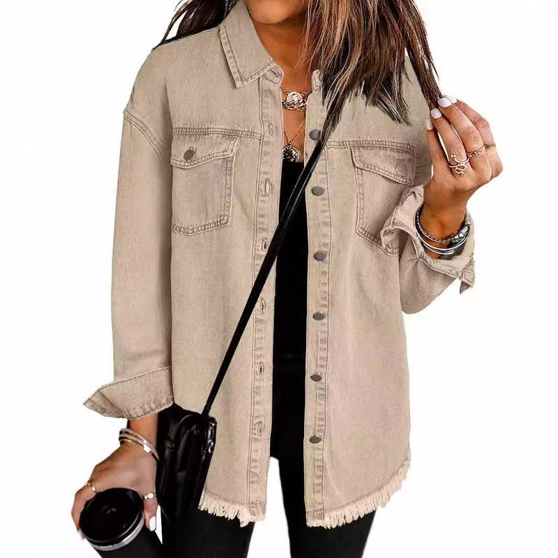Women's Button Up Frayed Hem Shacket Long Sleeve Pockets Denim Jean Jacket