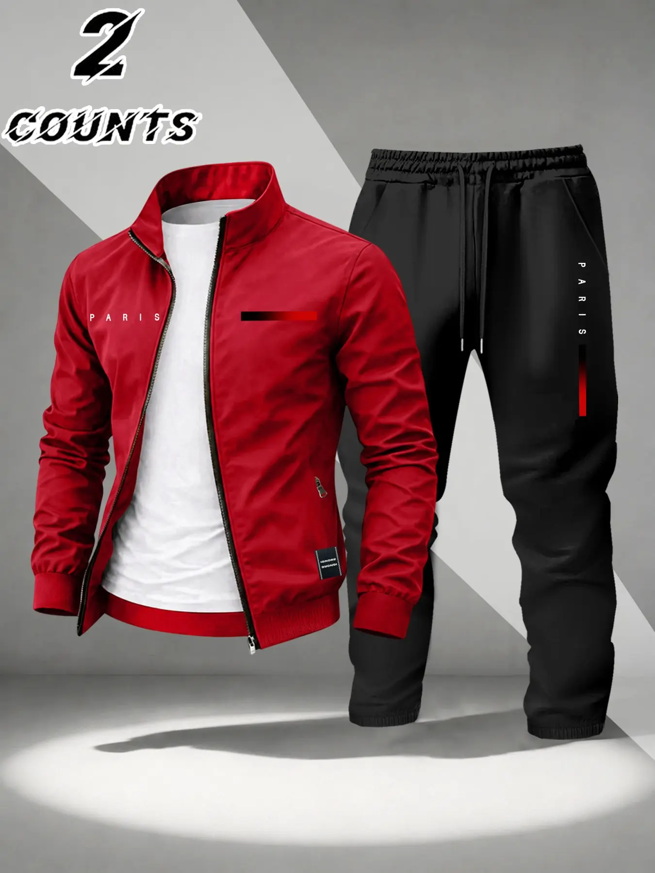 Men's Paris Letter Stand Collar Jacket Set, Lightweight Windproof Pants, Casual Business Sportswear, Spring & Fall Two-Piece Suit, Casual Sporty Set