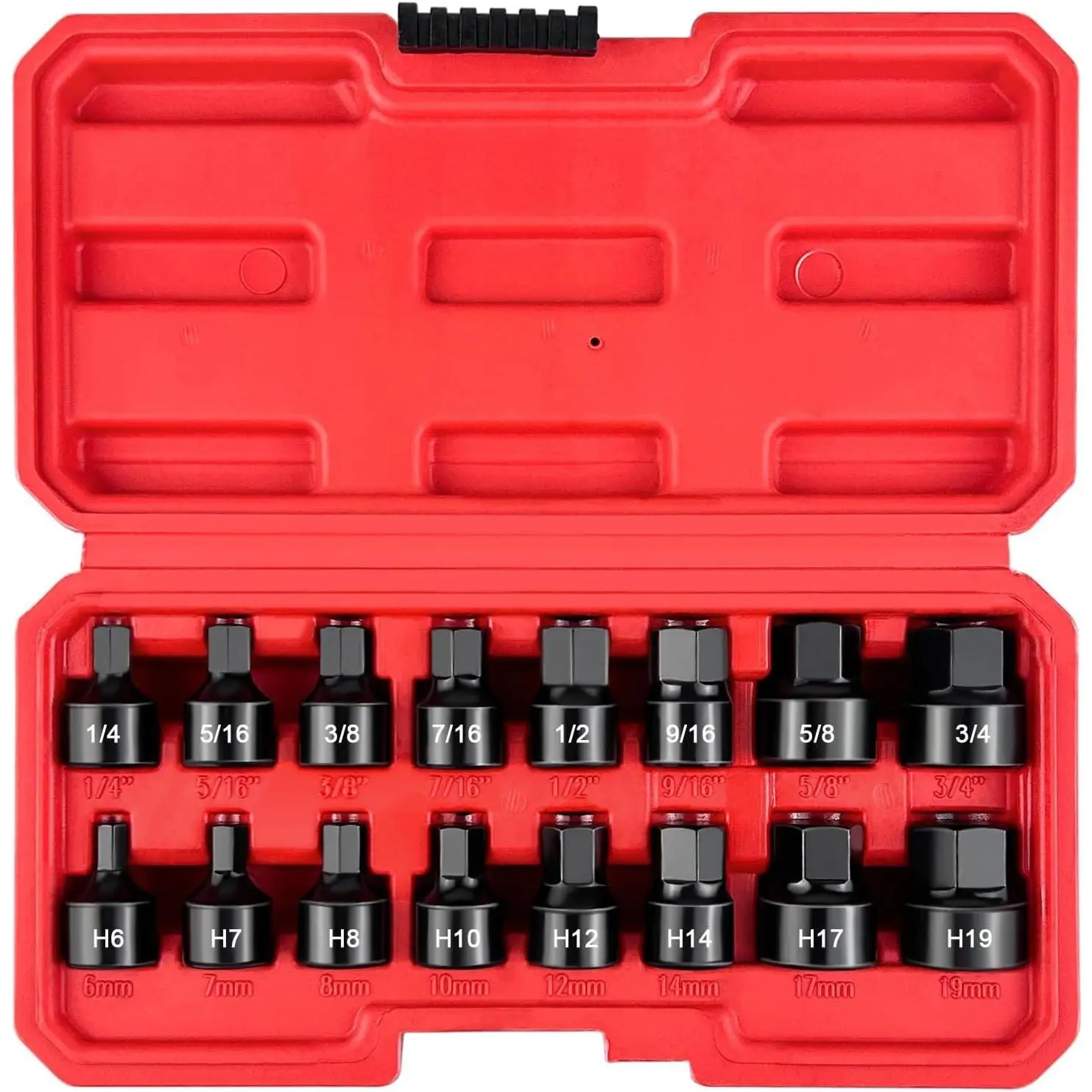 16-Piece 3/8-Inch Drive Low Profile Impact Stubby Hex Bit Socket Set, CR-V Steel, SAE/Metric (1/4"-3/4", 6-19mm)