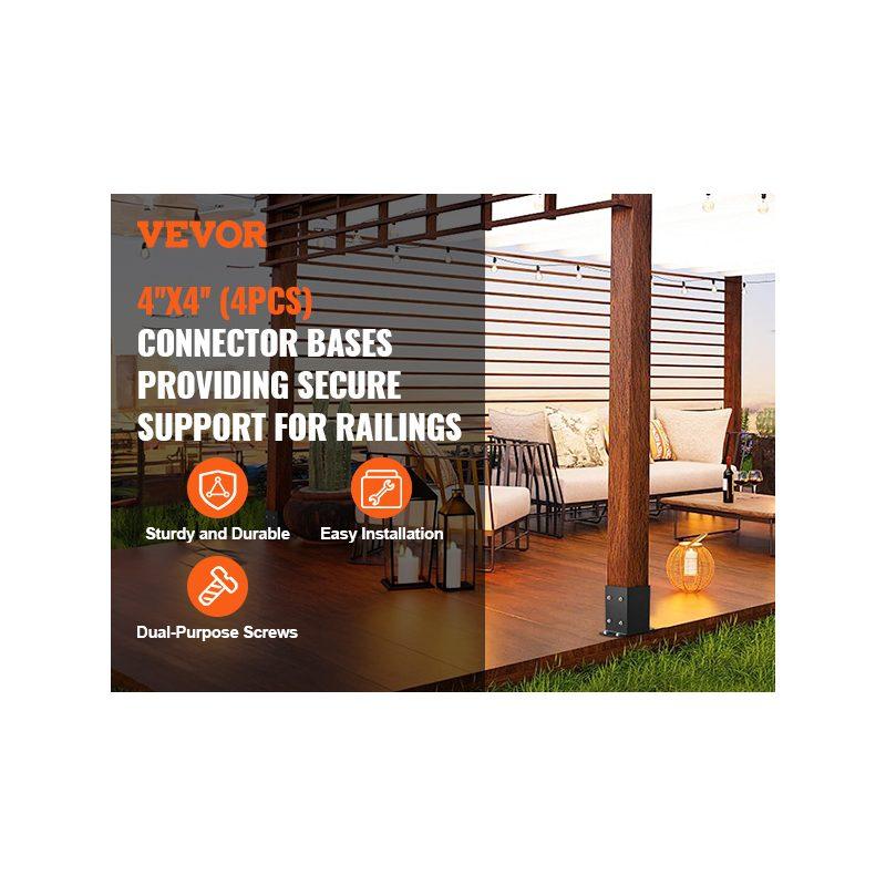 VEVOR 4x4 Post Base 4 Pcs, Inner Size 3.6x3.6 Post Base Brackets, Heavy Duty Powder-Coated Post Anchor Matte Black Wood Post Brackets for Pavilion Deck Railing Support Deck Base Plate