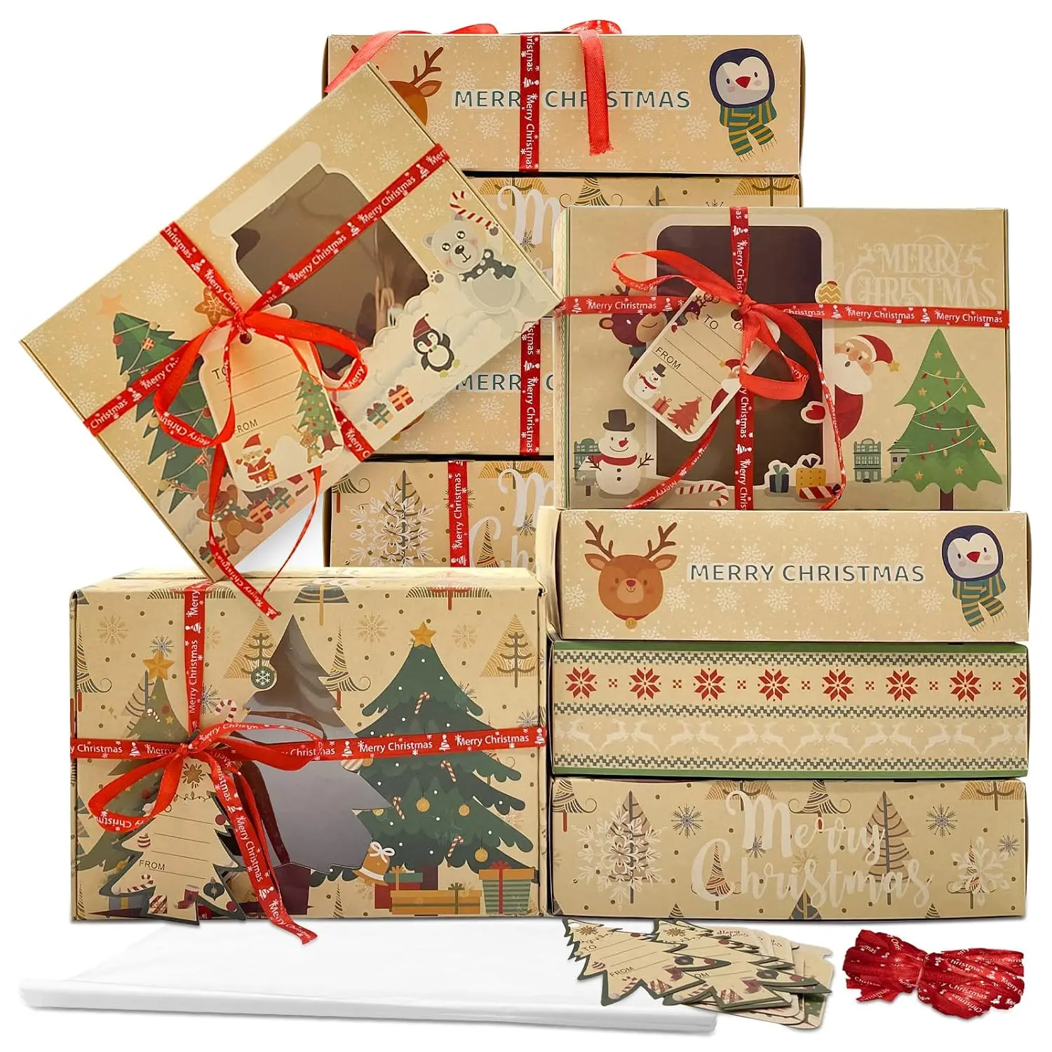 12 Packs Brown Christmas Cookie Boxes with Window for  Giving | Cute Cartoon  Holiday Bakery  Boxes, Baking Box Xmas  Boxes with Ribbons and DIY  Tags