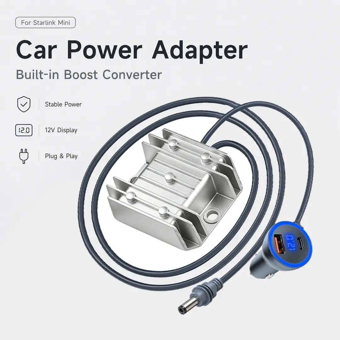 105W Car Power Adapter for Starlink Mini, Built-in Boost Converter with Real-Time Voltage Display, USB-C & USB-A Car Charger for RV, Truck, Boat and Travel