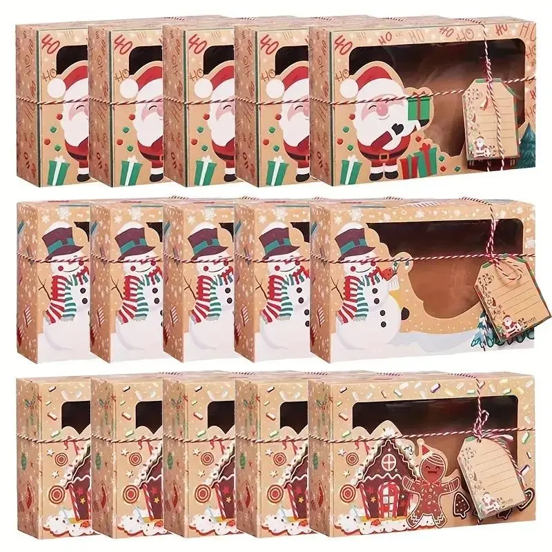 Christmas Gift Boxes Set, 12/24pcs Kraft Paper Santa Claus Design, Clear Window DIY Tags, Holiday Party Favor & Home Decorations