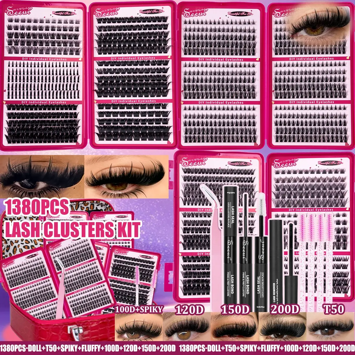 60D-200D Thick Lash Clusters Gift Set, Long Lasting Lashes, Spike/ Fluffy/ Doll, DIY Volume Lash Clusters, Wide Band, C/D Curl, Soft Lightweight, Long Lasting, Includes Bond&Seal, Remover, Eyelash Tweezers, Easily DIY Long-Lasting Salon Charm at Home