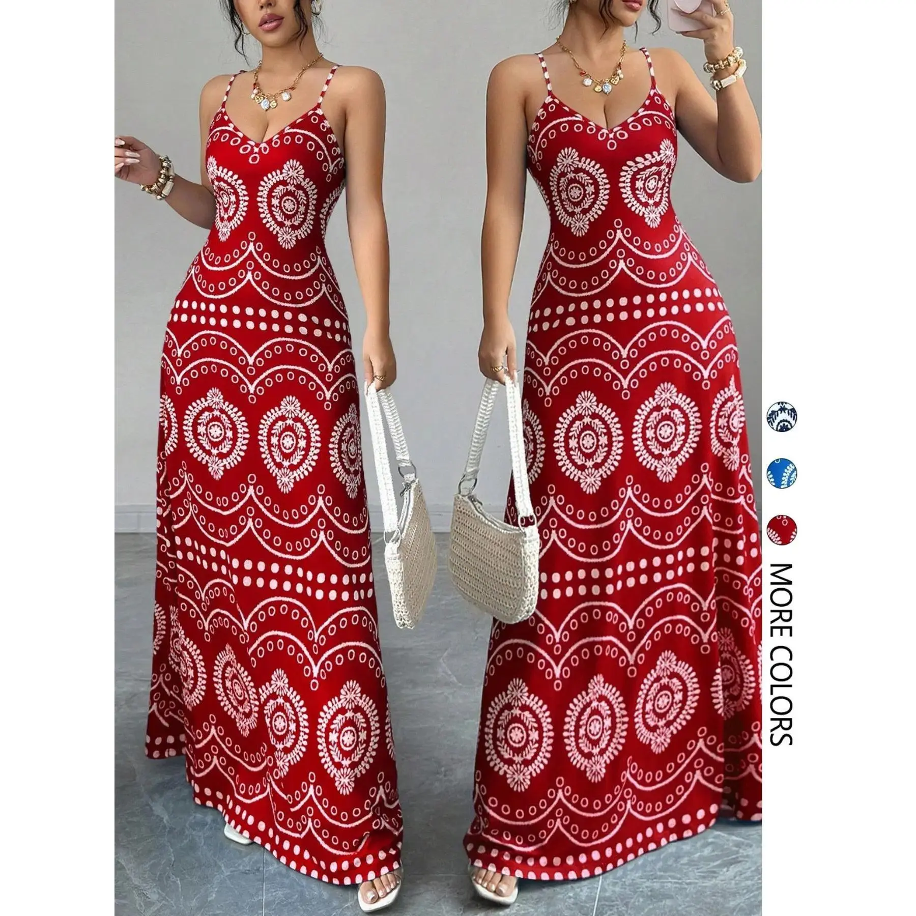 Women's Boho Ethnic Print Spaghetti Strap V-Neck Elegant Casual Summer Dress - Stylish Feminine Wear Perfect for Parties, Daily Wear