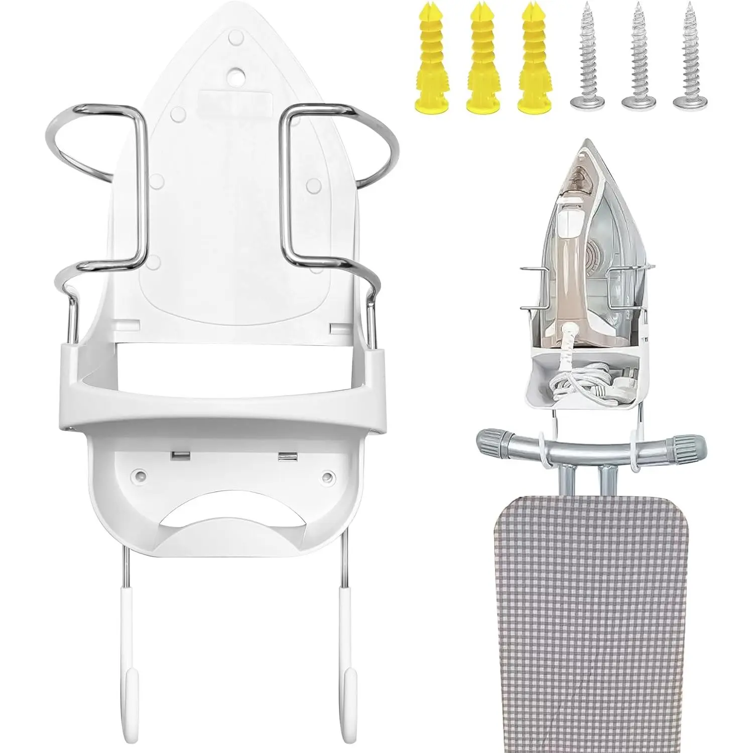 Ironing Board Hanger Wall Mount Iron Holder Iron and Ironing Board Storage Organizer Shelf with Removable Hooks for Laundry Room Bathroom Hotels