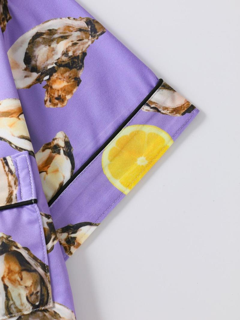 Women's All Over Print Shirt & Shorts Pyjama Two-piece Set, Casual Comfy Short Sleeve Top & Shorts Set, Ladies Sleepwear for All Seasons, Shorts Pj Set