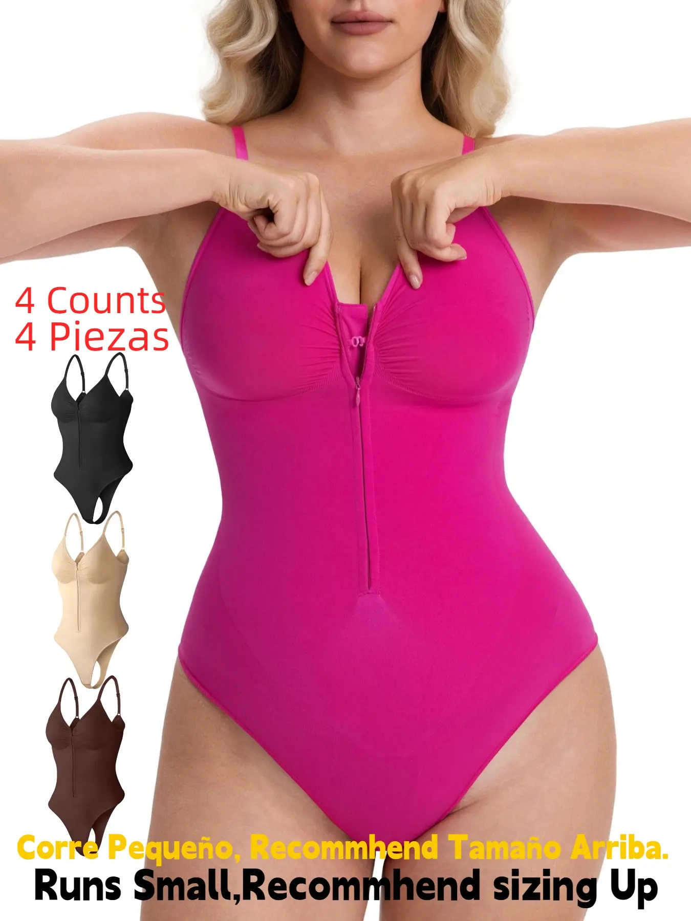 Women's Seamless Smooth Elastic Shapewear Bodysuit, Front Zipper Design, Tummy Control Thong Style, All Seasons Wearable, Comfortable Fit