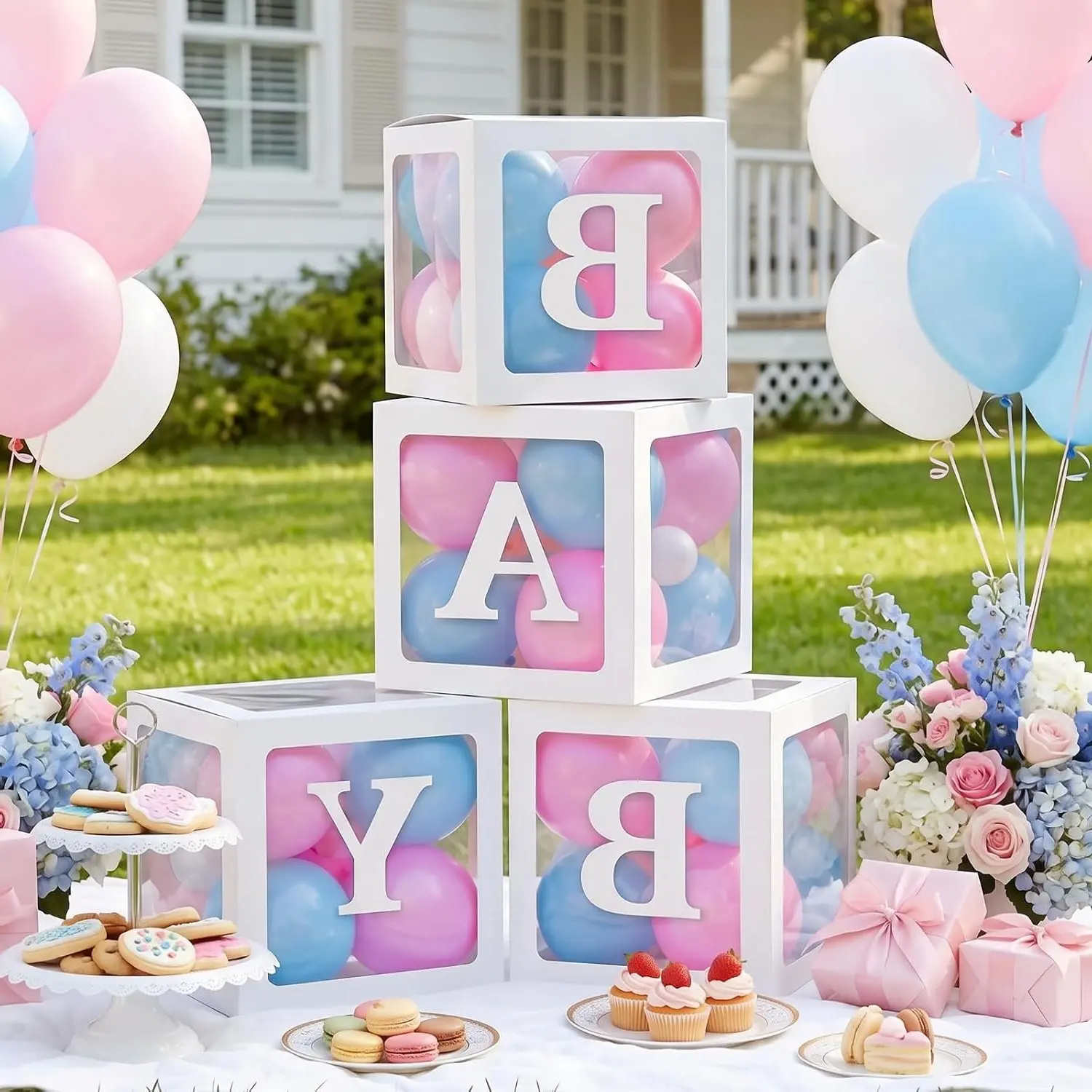 Baby Boxes with Letters and 36 Balloons, 4pcs Clear Balloon Boxes for Gender Reveal Baby Shower DecorationsGift