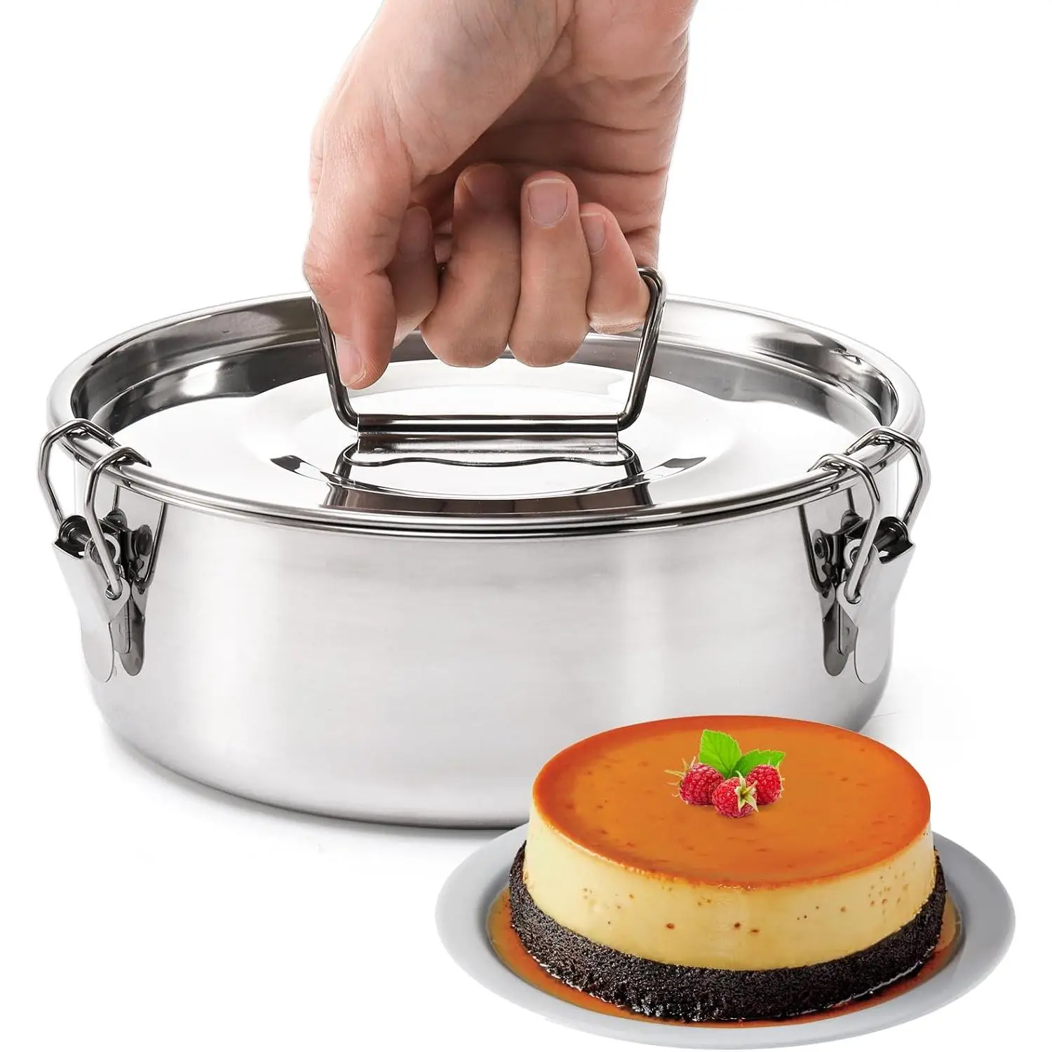 Stainless Steel Flan Mold, 65 Oz Flan Pan with Lid and Handle, Flan Maker Mold Compatible with 6 Quart