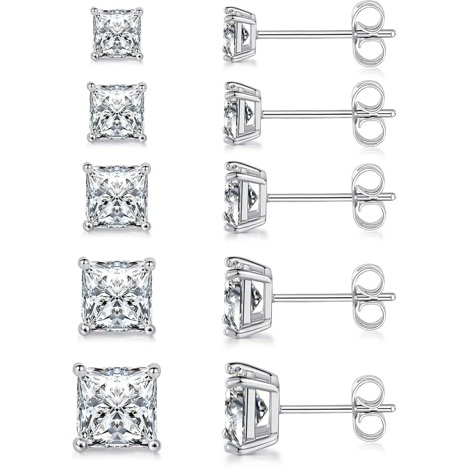 5 Pairs Square Earrings Set for Women Hypoallergenic 18K White Gold/Yellow Gold/Rose Gold Plated Princess Cut Clear Cubic Zirconia Stud Earring 3-7MM Pack of 5