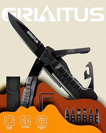 Multitool Knife 17 in 1 With Fire Starting Sticks, Bottle Opener, Saw, Screwdrivers, Whistle, Window Breaker and More-Perfect for Camping, Outdoor, Survival and Everyday Use, Gifts for Men Dad