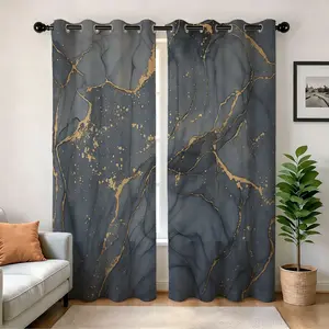 1 Pair Digital Print Semi-Blackout Pair Curtain,Marble texture printing, 250gsm Semi-sheer Punch Hole Polyester Curtain, Clear Print, Home Hotel Birthday Holiday Gift