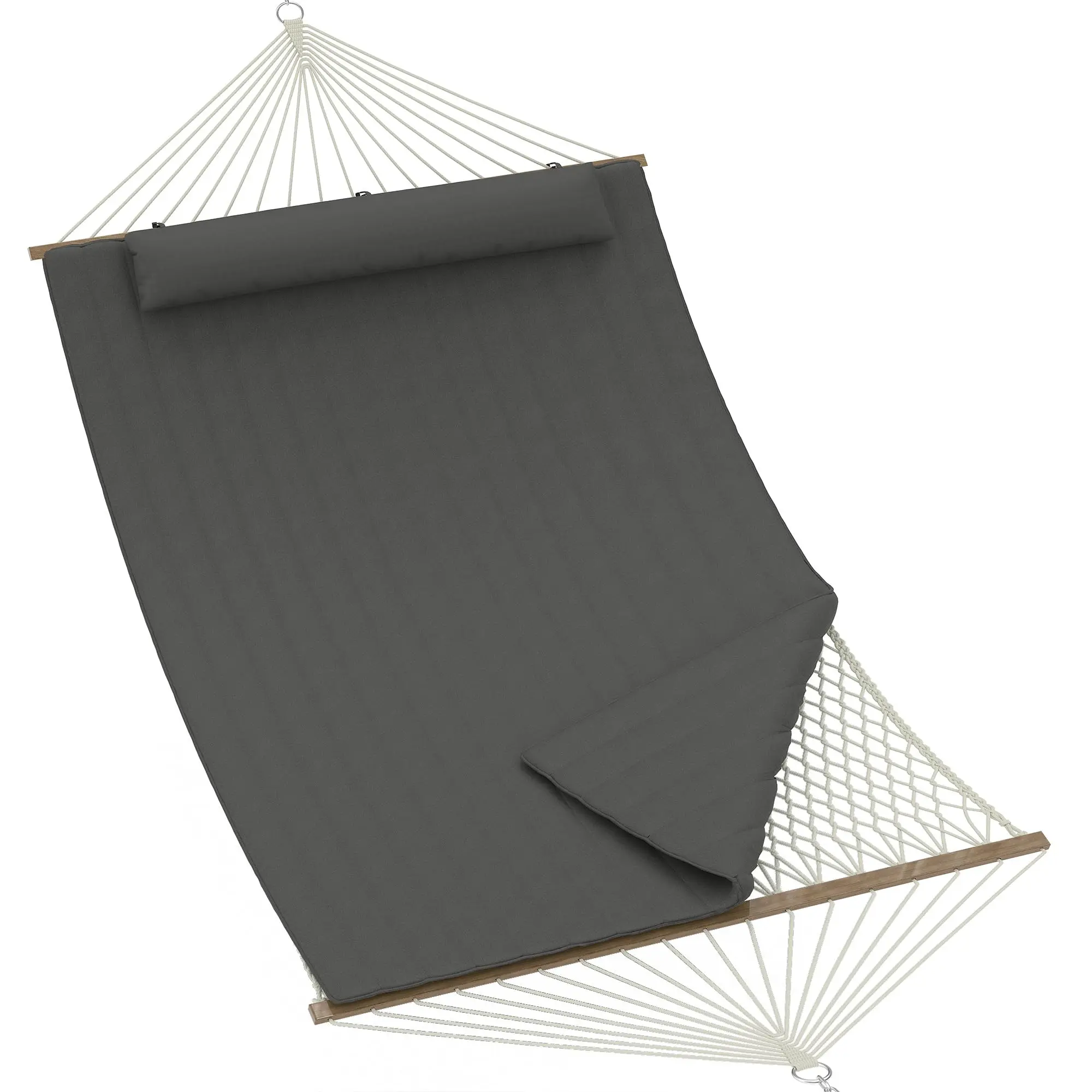 Double Quilted 2 Person Outdoor Hammock – Spreader Bars, Large Removable Pillow, Adjustable Steel Frame, Cotton Rope & Polyester Pad, Supports Up to 500lbs – Perfect for Patio, Backyard, Garden, Beach – Beige