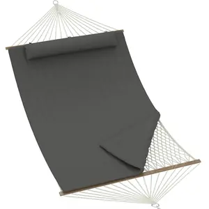 Double Quilted 2 Person Outdoor Hammock – Spreader Bars, Large Removable Pillow, Adjustable Steel Frame, Cotton Rope & Polyester Pad, Supports Up to 500lbs – Perfect for Patio, Backyard, Garden, Beach – Beige