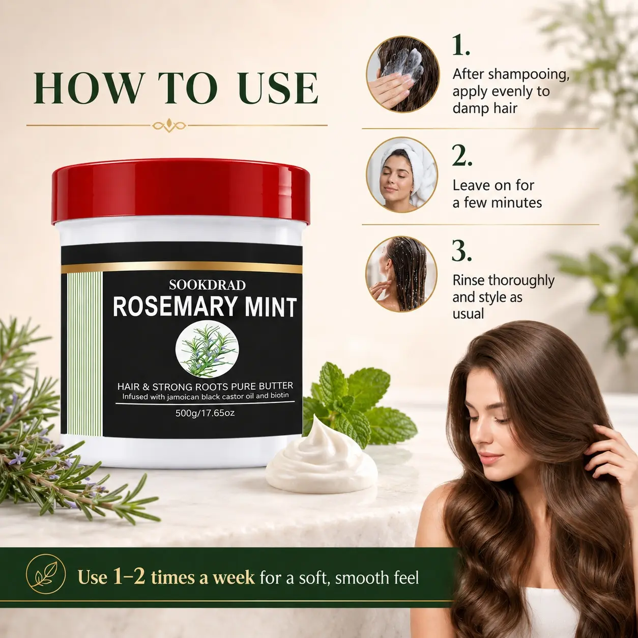 Rosemary Mint Strong Roots Hair Butter, Infused with Jamaican Black Castor Oil, Infused with Biotin, Nourish Hair Roots, 500g