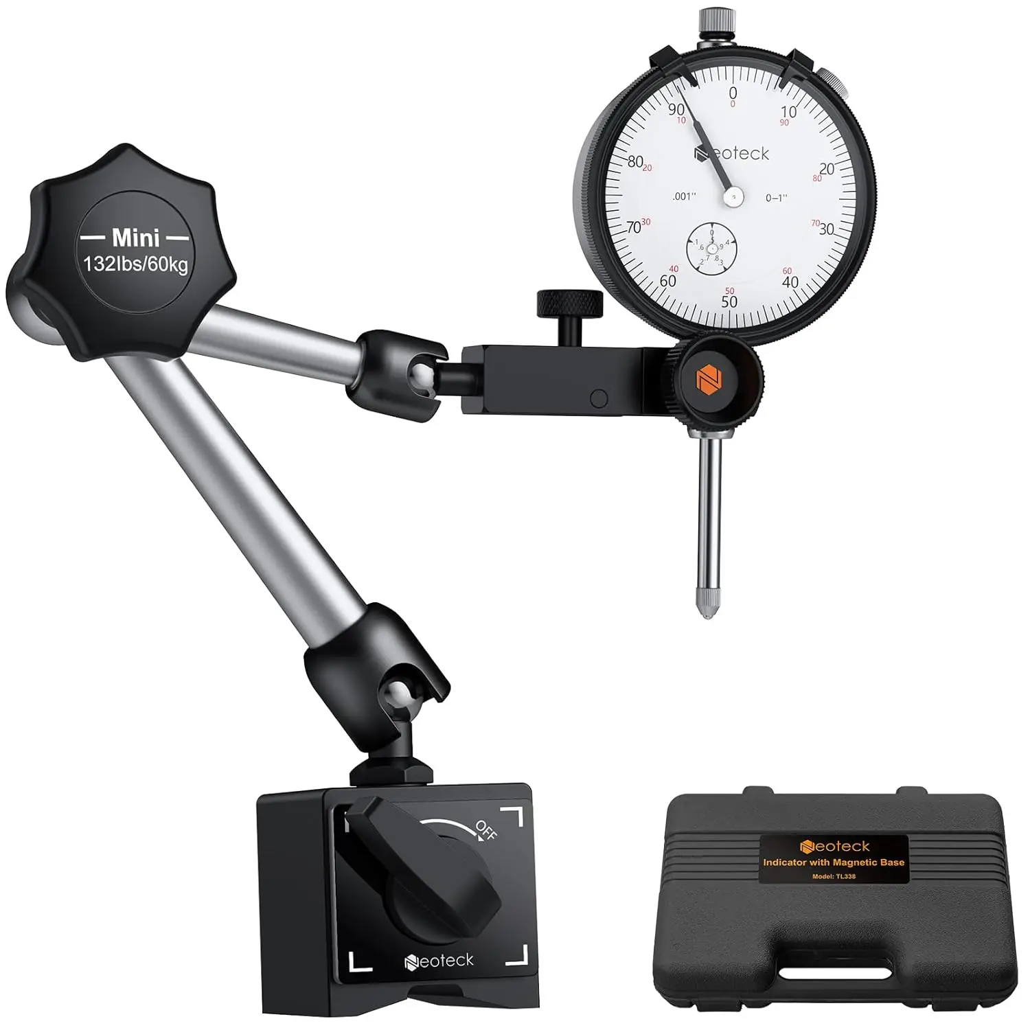 Neoteck 1 Set Dial Indicator (0-1in/0.001in) with 132lbs/60kg Magnetic Base, Imperial Dial Test Gauge with Storage Case for Lathe, CNC, Automobile Repair
