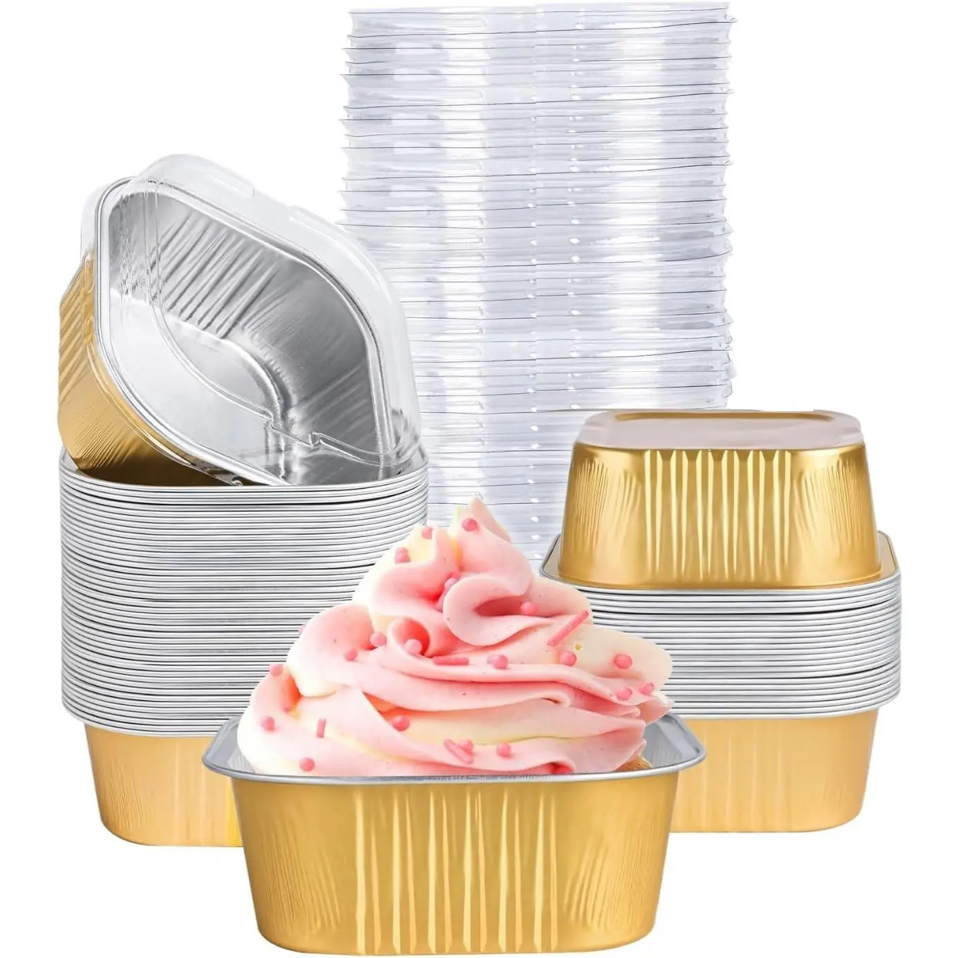 40 Pack Mini Cake Pans with Lids, 5oz Square Aluminum Foil Brownie Baking Cups, Muffin Tin Ramekins, Disposable Dessert Cupcake Cups for Wedding Birthday Party, Gold