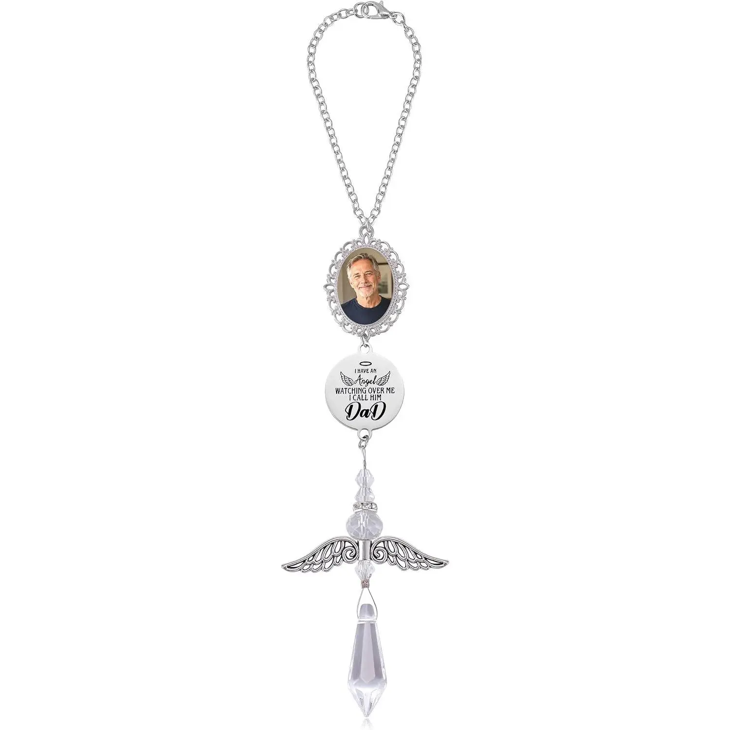 Dad Memorial  Charm with Photo Frame,  Angel Suncatcher Rearview Mirror  Ornament, Sympathy Bereavement Gifts for Loss of Dad, in Loving Memory Charm