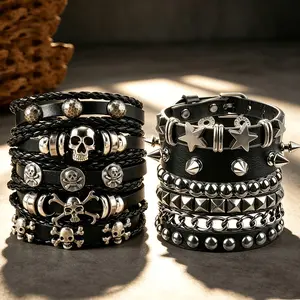 9pcs Punk Style Multi-Layer Star Studded Faux Leather And Vintage Skull Bracelet Set, Men Women'S Hip-Hop Individual Wrist Accessory, Perfect for Halloween Decoration Gifts