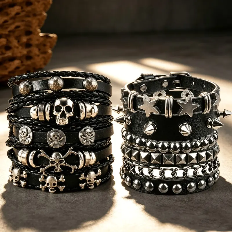 Unisex Gothic Fashion 9-Piece Multi-Layer Faux Leather Hip-Hop Punk Bracelets & Bangles - Matching Couple Bracelets, Skeleton Skull Pendants, Star Studs, Alt-Style for Daily Casual Wear, Gothic Style, Alt-Style Bracelets & Bangles