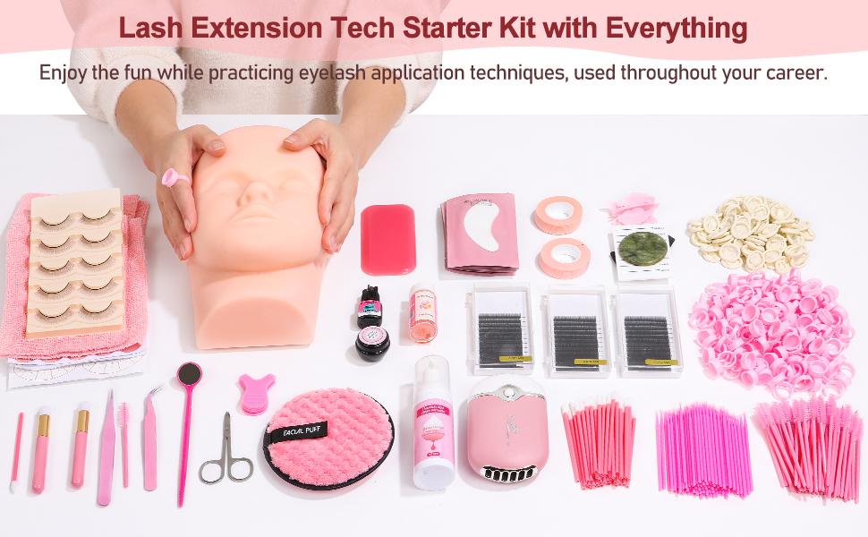 Lashes Kit for Eyelash Extension Beginners 470PCS Professional Lash Mannequin Head Practice Kit with Everything Lash Glue Lash Shampoo Lash Fan, Lash Extension Supplies for Practice Training