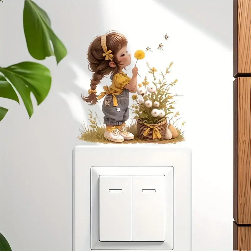 1pc Flat Dandelion Girl Flowery Decorative Sticker - Floral Figure Wall Decal for Outlet Beautification, Home Living Room Background Wall Decor