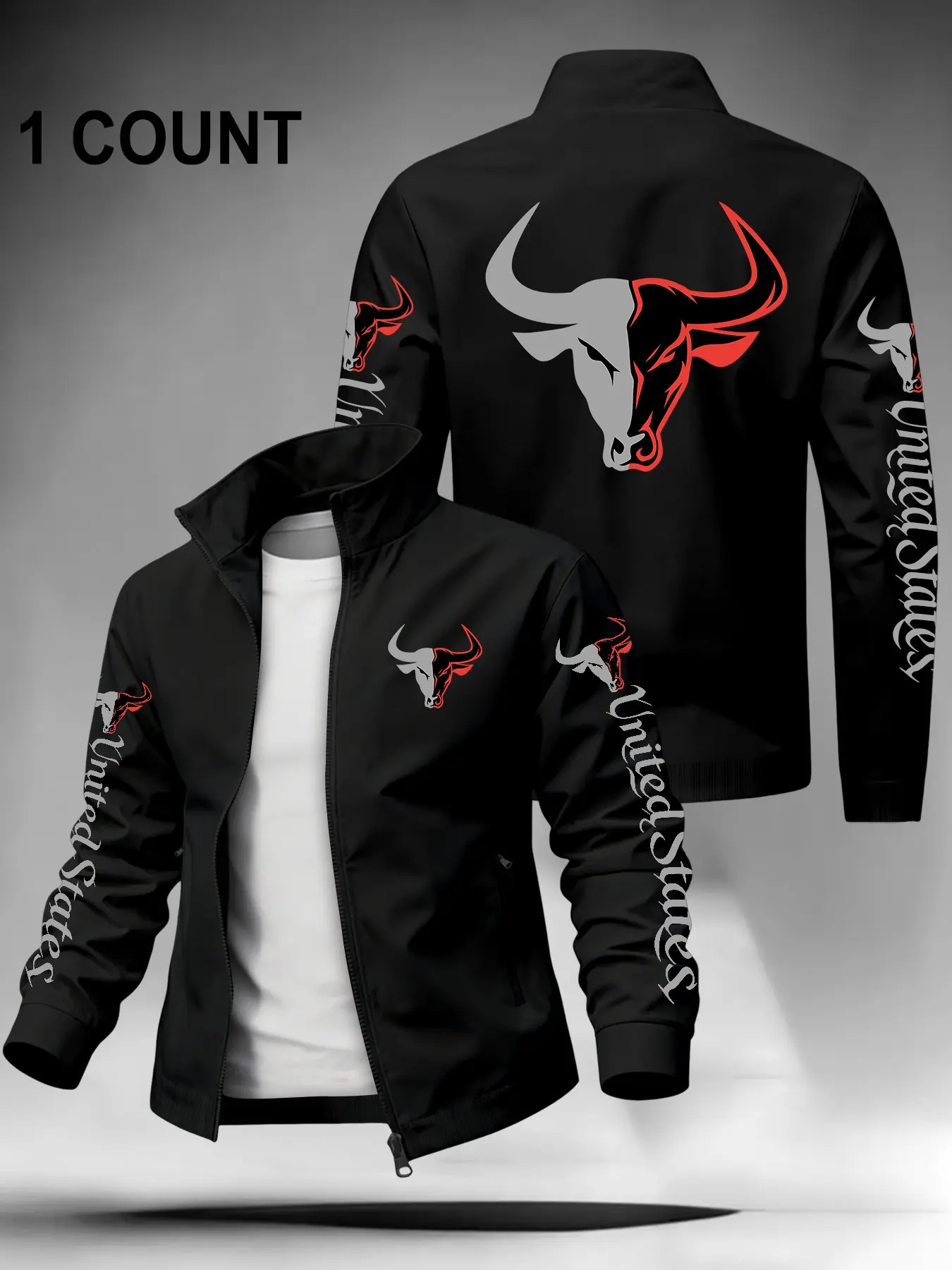 Men Stand Collar Zip Up Jacket, Bull Head United States Letter Graphic Print, Lightweight Casual Windbreaker, Tough Street Style Outerwear, Trendy Daily & Outdoor Jacket For Male