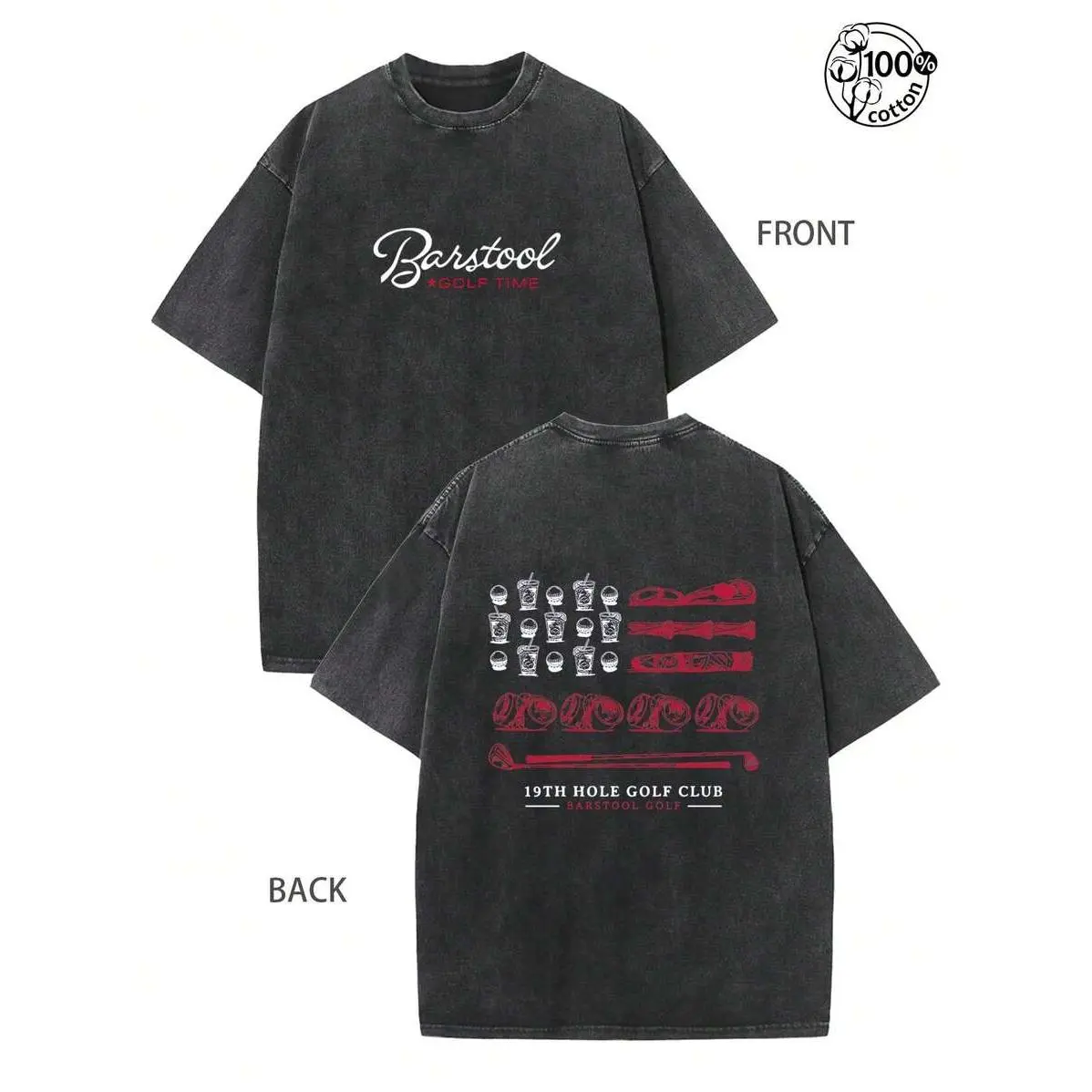 Washed Barstool Golf T-Shirt Men Golf Club Tee Tops;Left Chest Print, Contrasting Colors,Retro Streetwear & Outdoor Sports Leisure,Golf Enthusiasts