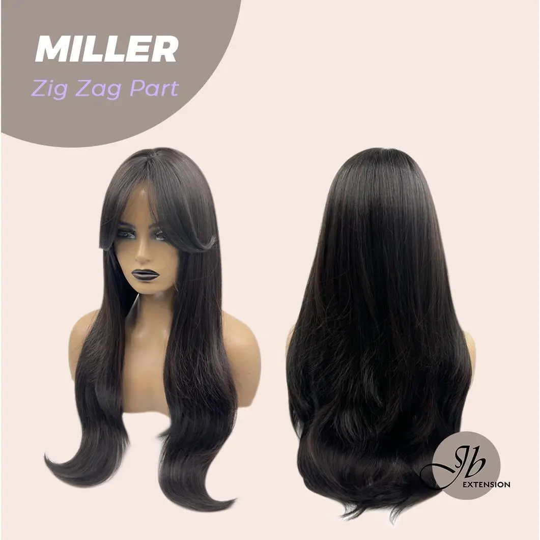 JBEXTENSION 26 Inches Soft Black Curly Zig Zag Part Wig With Bangs MILLER