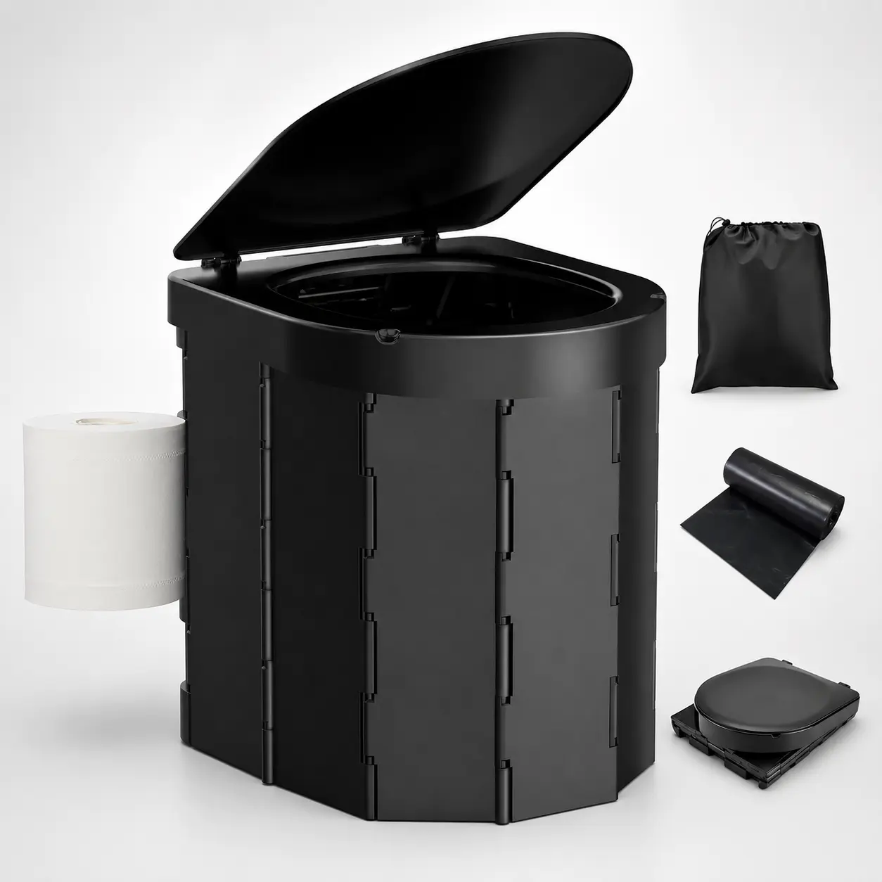 Portable Camping Toilet for Adults with Lid, Retractable Toilet Paper Holder, Carry Bag and 12 Liners for Camping, RV Travel and Road Trips