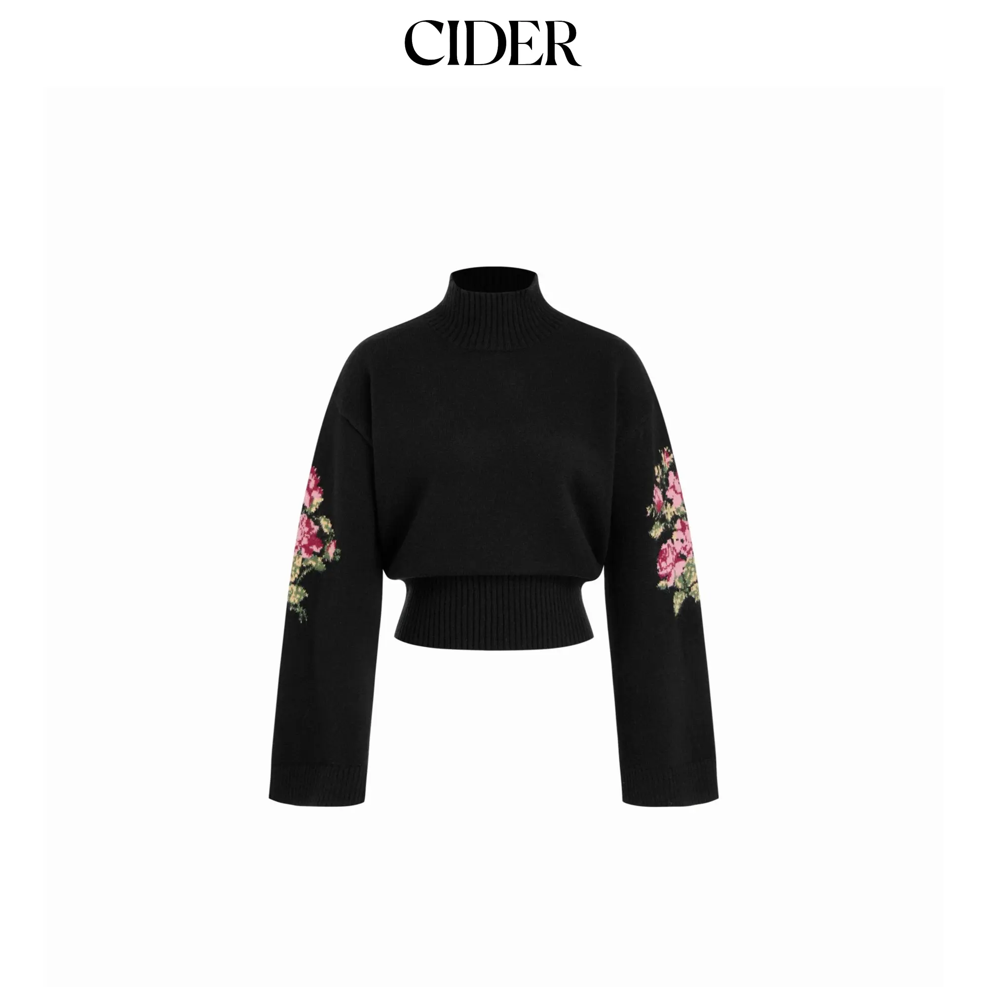 Cider Knit Floral Graphic High Neck Long Sleeve Sweater