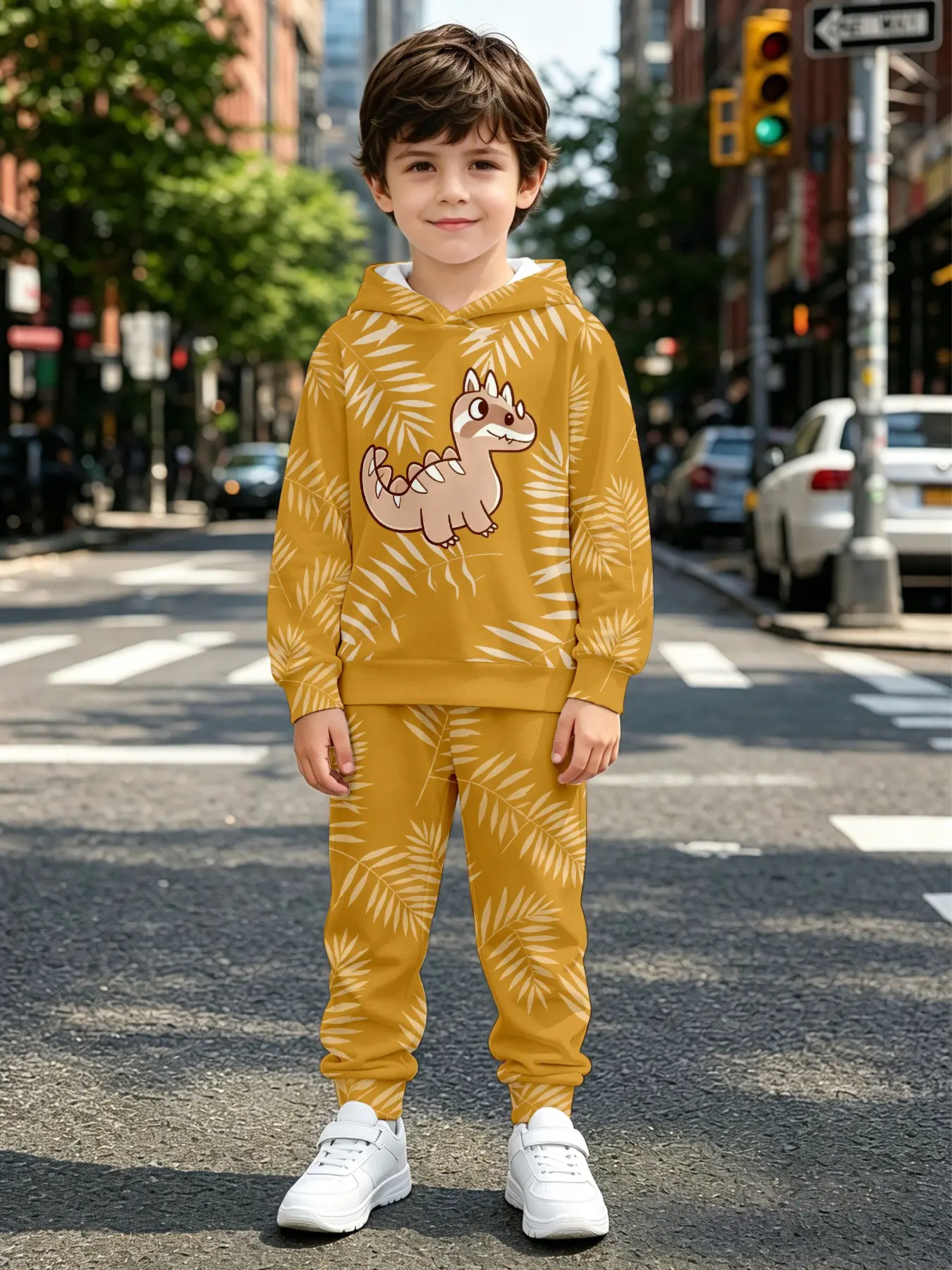Kids Cartoon Dinosaur Two-Piece Set, Hooded Sweatshirt and Drawstring Sweatpants, Stylish Casual Sportswear for Children