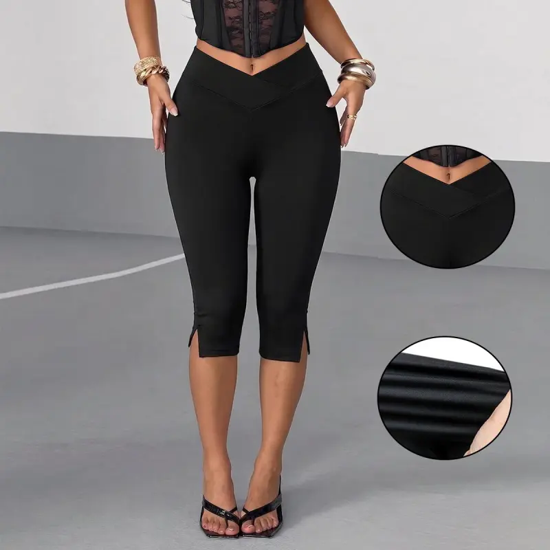ASANDY Women's High Waist Split Hem Cropped Capri Leggings - Slim, Elastic, Breathable Activewear Bottoms, Capri Pants for Fitness, Gym Workout Sportswear, Fitness Gym Clothes, High Waisted Yoga